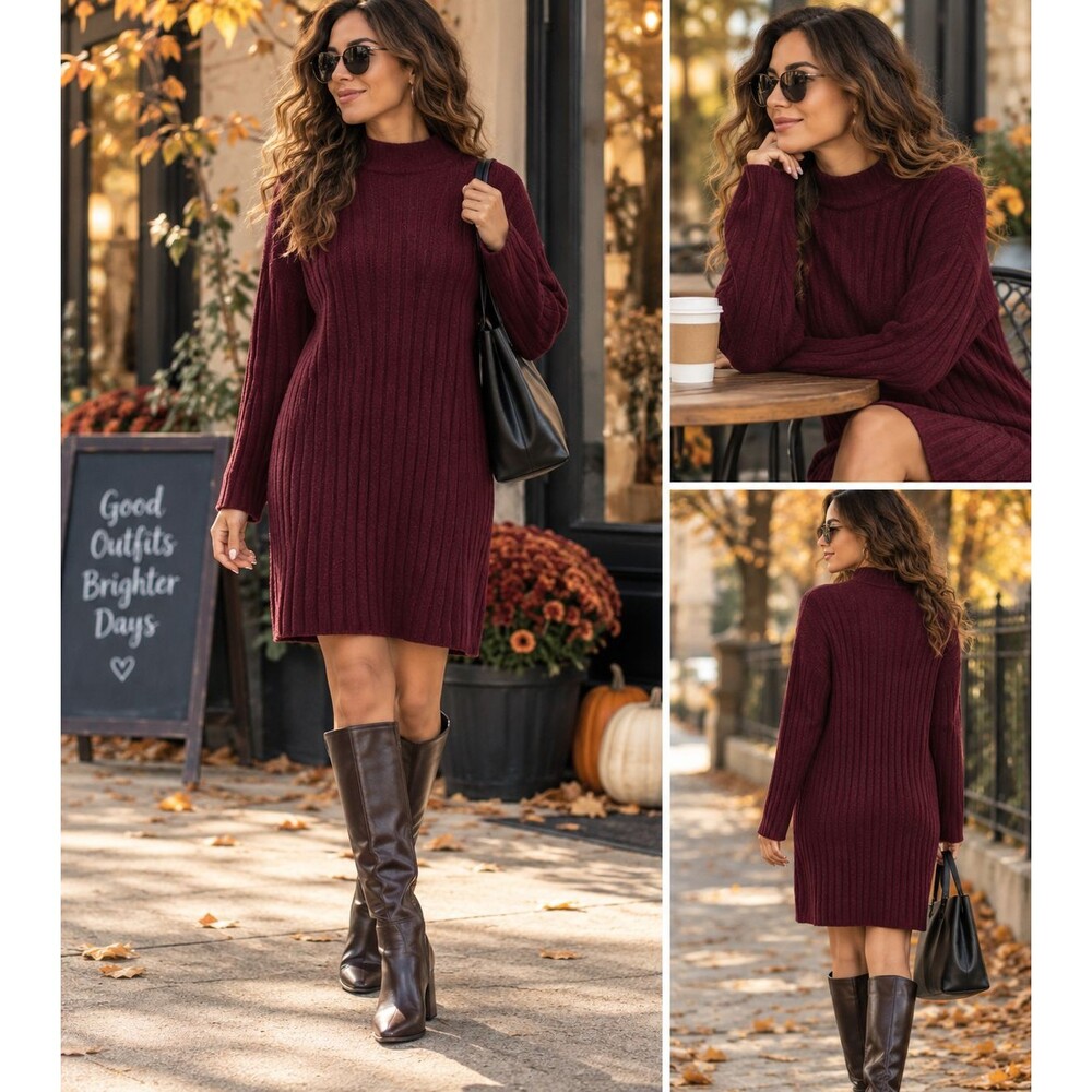 mock neck cranberry sweater dress
